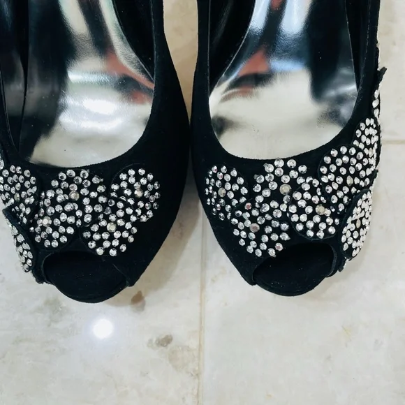 KAREN MILLEN {6} Black Silver Beaded Pumps Peep Toe Stiletto - Picture 15 of 16